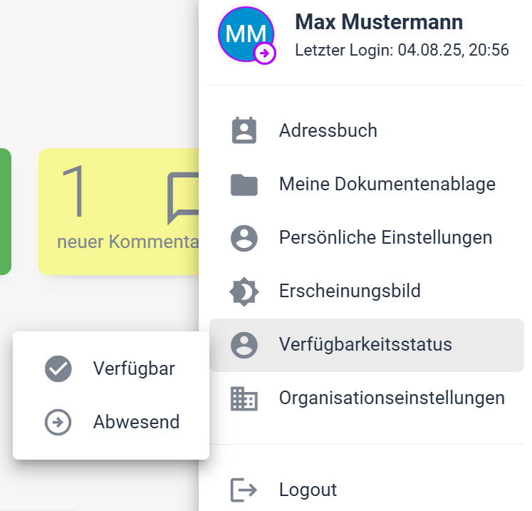 verfügbarkeitsstatus-2 Screenshot: Auswahl Verfügbarkeitsstatus