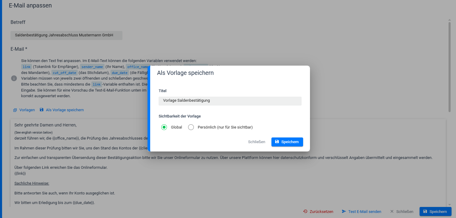 vorlage-saldenbestätigung Screenshot: Vorlagen im Modul "Bestätigung Dritter/Saldenbestätigung"